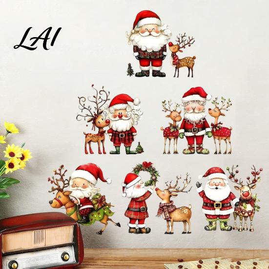 Indoor Christmas Scene Wall Stickers Watercolor Santa Claus Reindeer Decals Self-Adhesive Living Room Decor Stickers for Bedroom Entryway