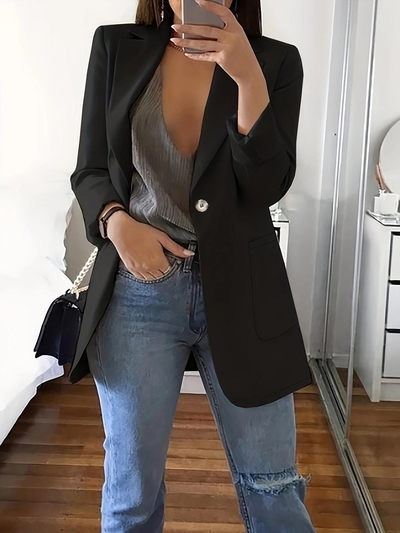 2026 Autumn/Winter Women s Solid Color Shawl Collar Slim Fit Single-Button Blazer S чёрный
