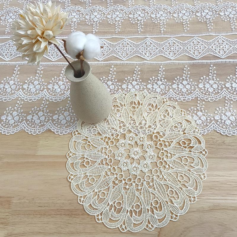 Beige lace embroidery cut-out tablecloth mat round water-soluble embroidery decorative coaster shooting props simple retro style