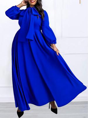 Herbst/Winter Krawatten-Puffärmel High Waist Maxikleid - Einfarbig, Übergröße, Afrikanischer Stil
