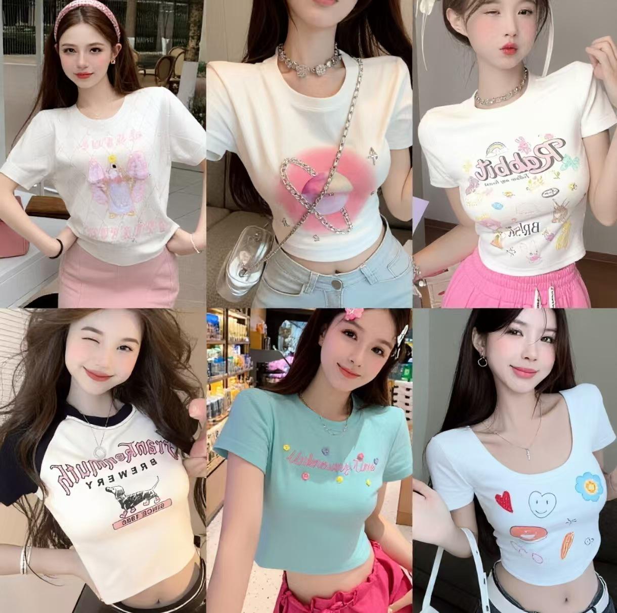 Dopamine Spicy Girl Cropped Tee - Summer Short-Sleeve American Sweet Girl Style Vest One size