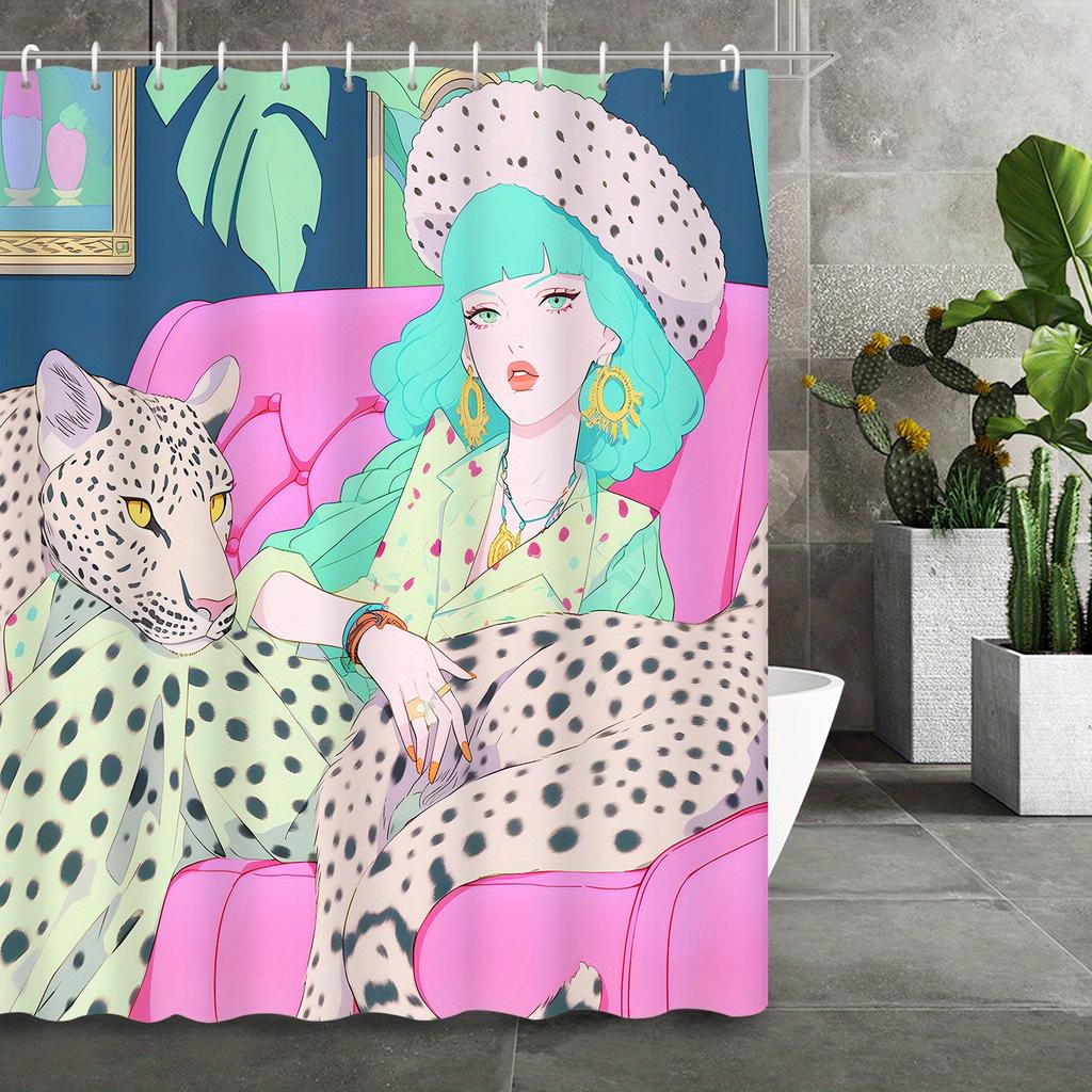 Stilvolle Frau mit Leoparden-Duschvorhang, wasserdicht, für moderne Badezimmerdekoration, 72x72 Zoll, langlebig und einzigartiges Design