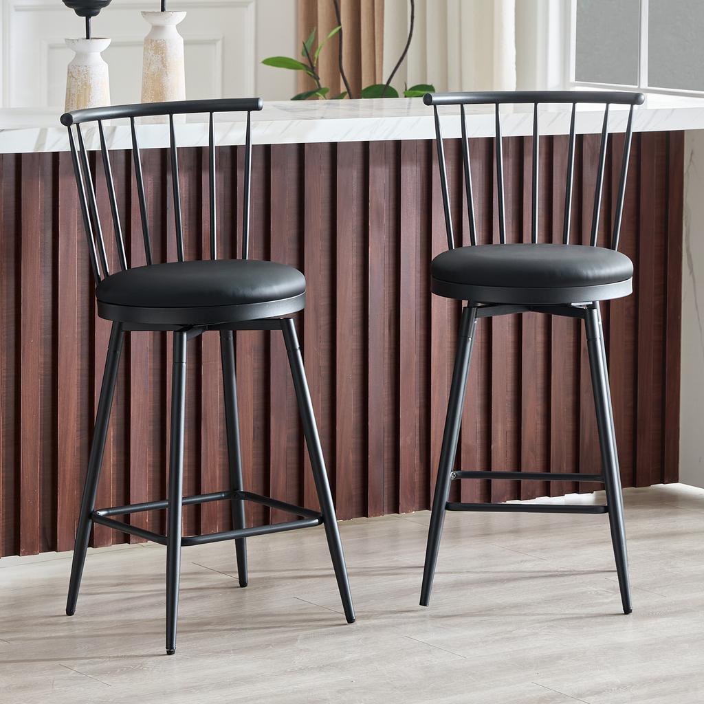 Modern Metal Bar Stool in Windsor Style with Upholstered Seat for Kitchen Islands, Bars, Restaurants; Bar Height; Vintage and Minimalist Style