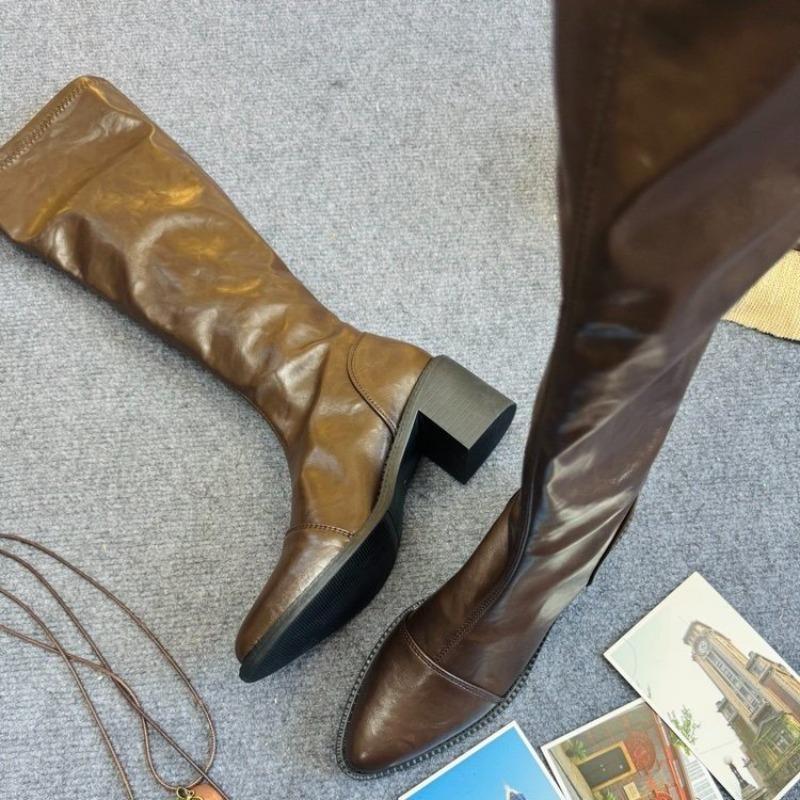 Fashion French Mid-leg Boots Women's 2025 Spring and Fall New Retro Fashion Versatile Chunky Heel High Heel Pointed Toe Skinny Boots