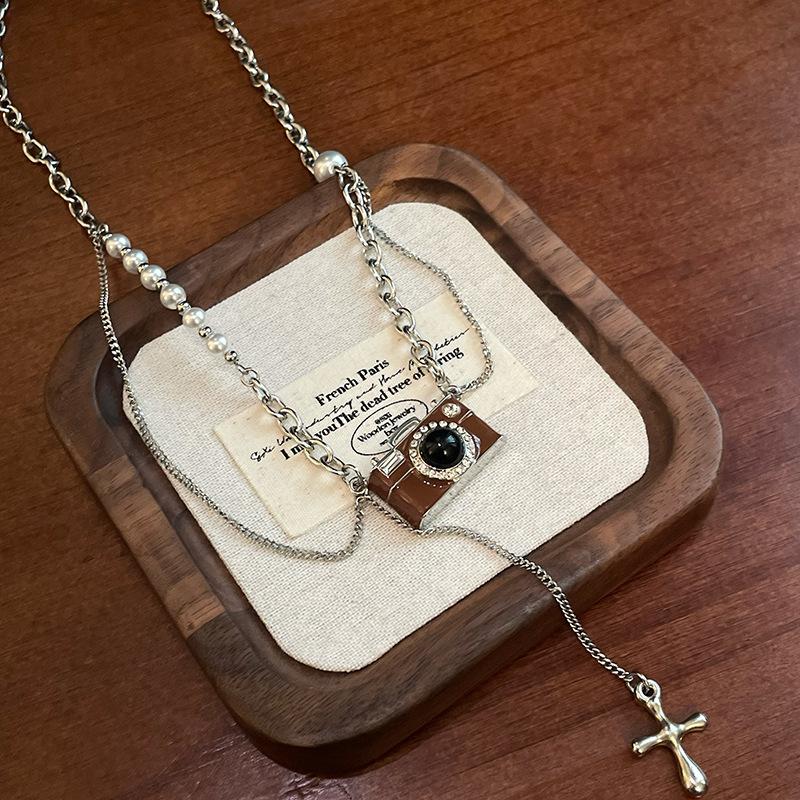 Vintage Brown Camera Fringed Titanium Steel Pearl Sweater Chain Sweet Cool Stacked Accessories For Women Babes