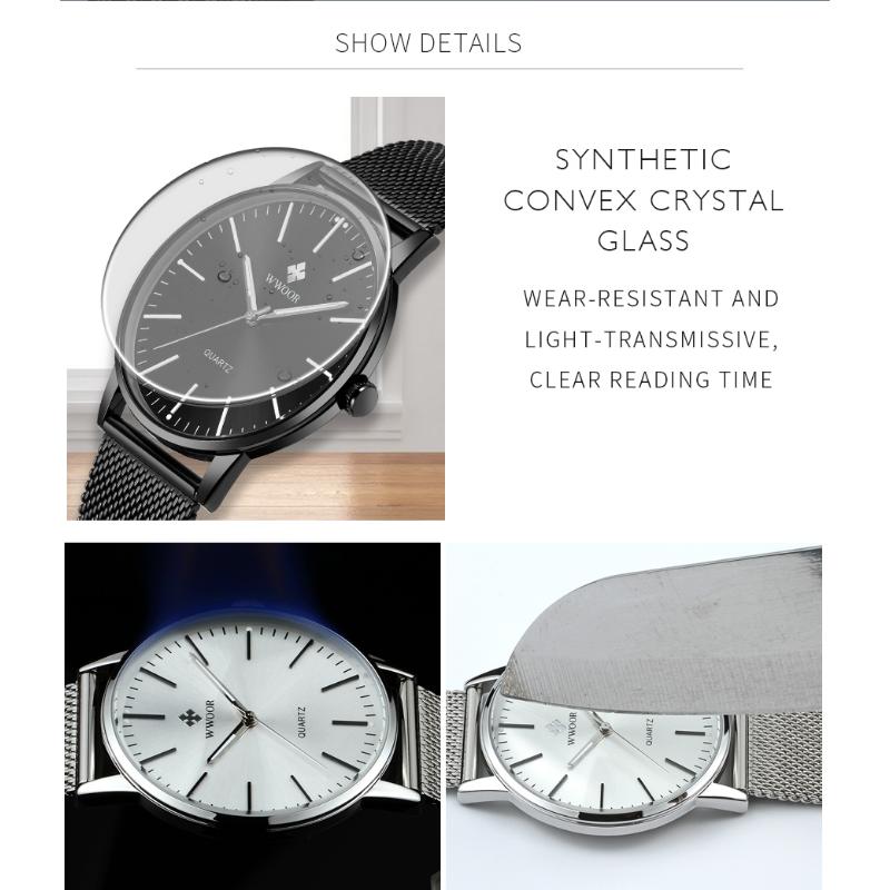 WWOOR Gold Watches Ultra Thin Simple Men Quartz Watches Waterproof Mesh Belt Full Stainless Steel Wristwatch