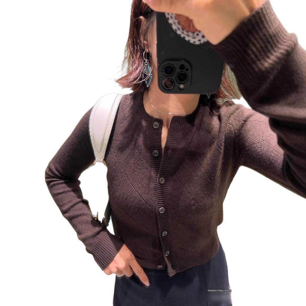 Early Autumn Hollow Grid Round Neck Long Sleeve Knitted Cardigan