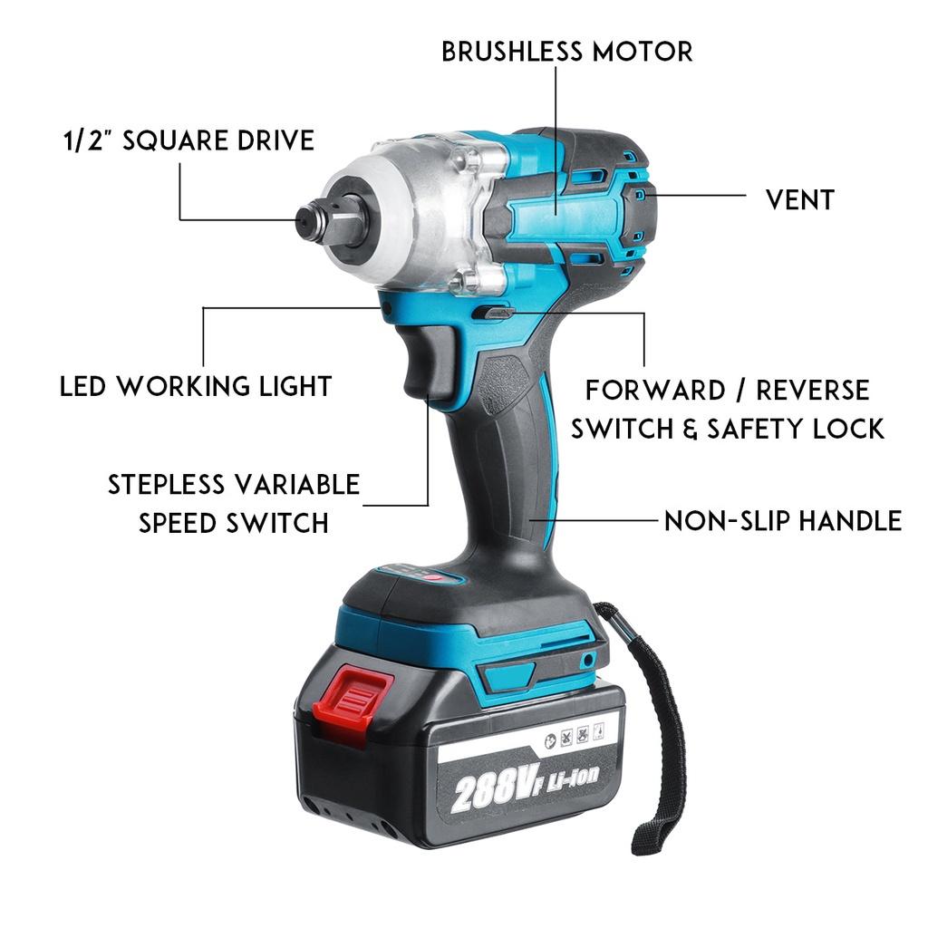 21V 800 N.M 288VF Portable Electric Wrench With 2Battery New Cordless Brushless Impact Wrench Drill