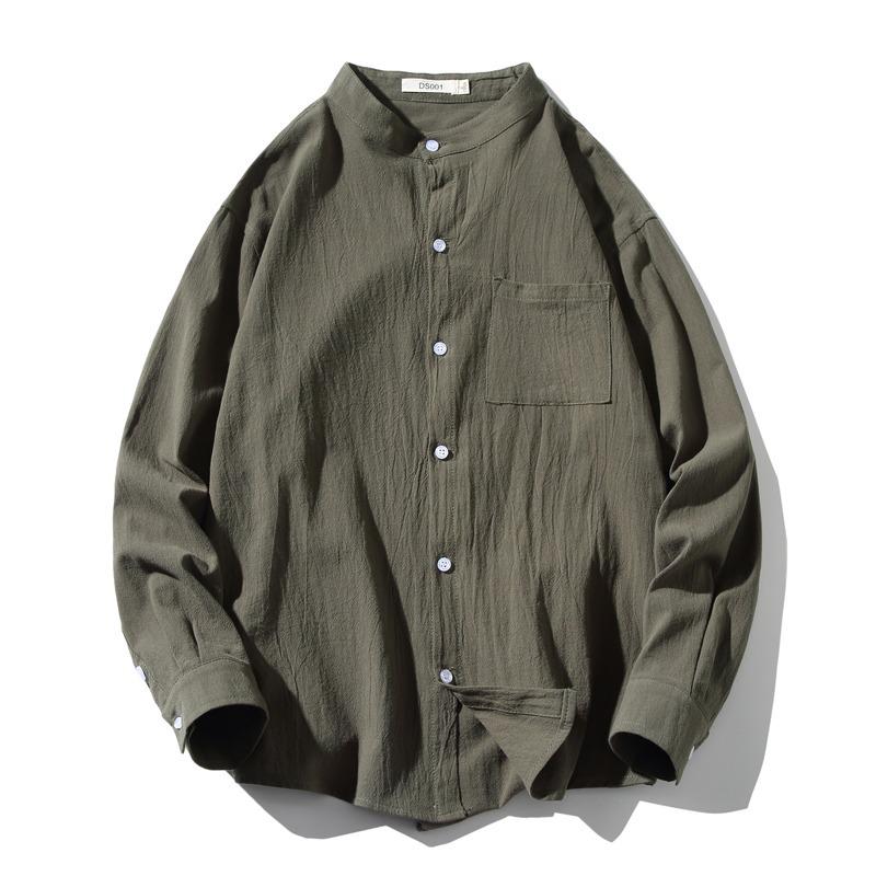 

Мужская рубашка облегающего кроя из льна и хлопка в японском стиле в стиле ретро, с длинным рукавом, воротником-стойкой, повседневным универсальным дизайном. M зелёный