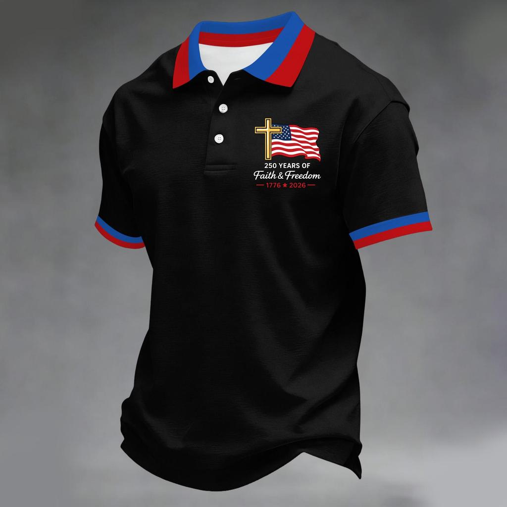 Herren Kurzarm-Polohemd mit Flaggen-Patch und Stickerei Klassische Passform Komfortables Design