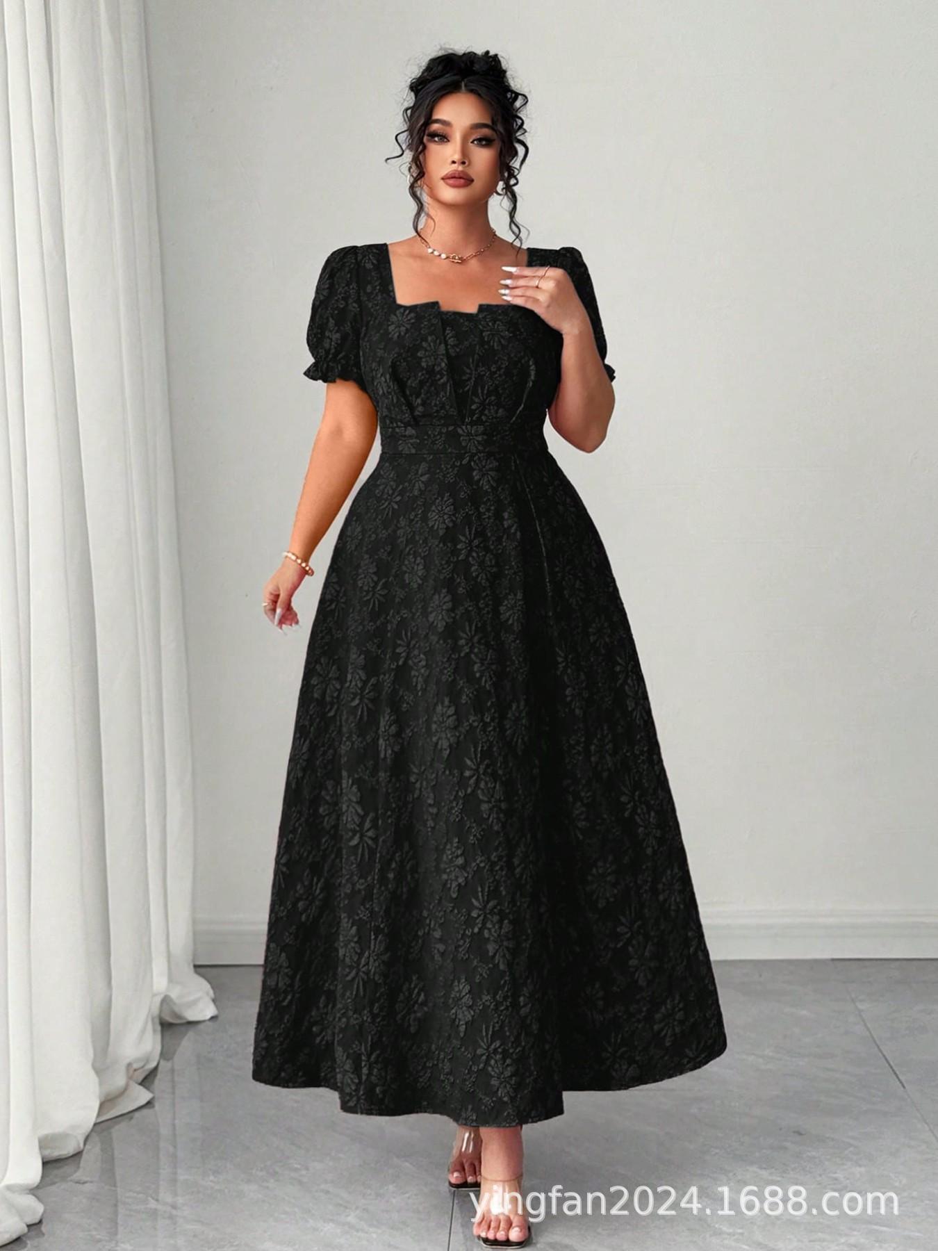 Plus Size Square Neck Puff Sleeve Dress with Wide Hem 3XL