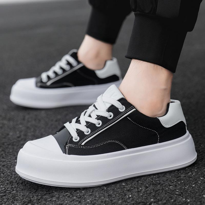 Four Seasons Students Low Top Solid Color Thick-soled Heightening Shoes Men's Korean Version Lace-up Casual Board Shoes Street Canvas Tide Shoes