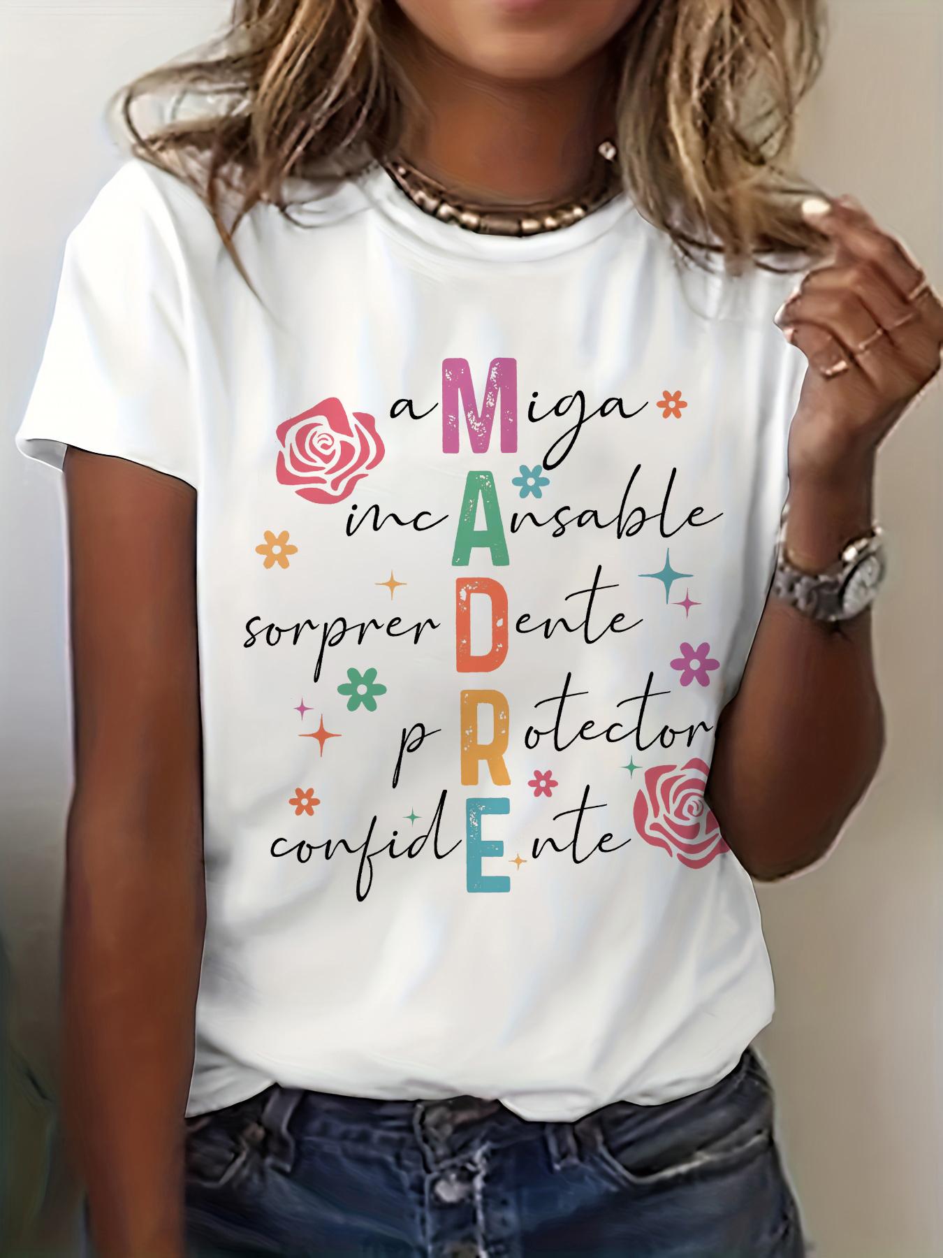 

[Madre Mother T-shirt] Madre Spanish Mama Mother Graphic Print T-shirt - Women s Short Sleeve Crew Neck Casual Top for Summer & Spring Clothing 5XL різнокольоровий