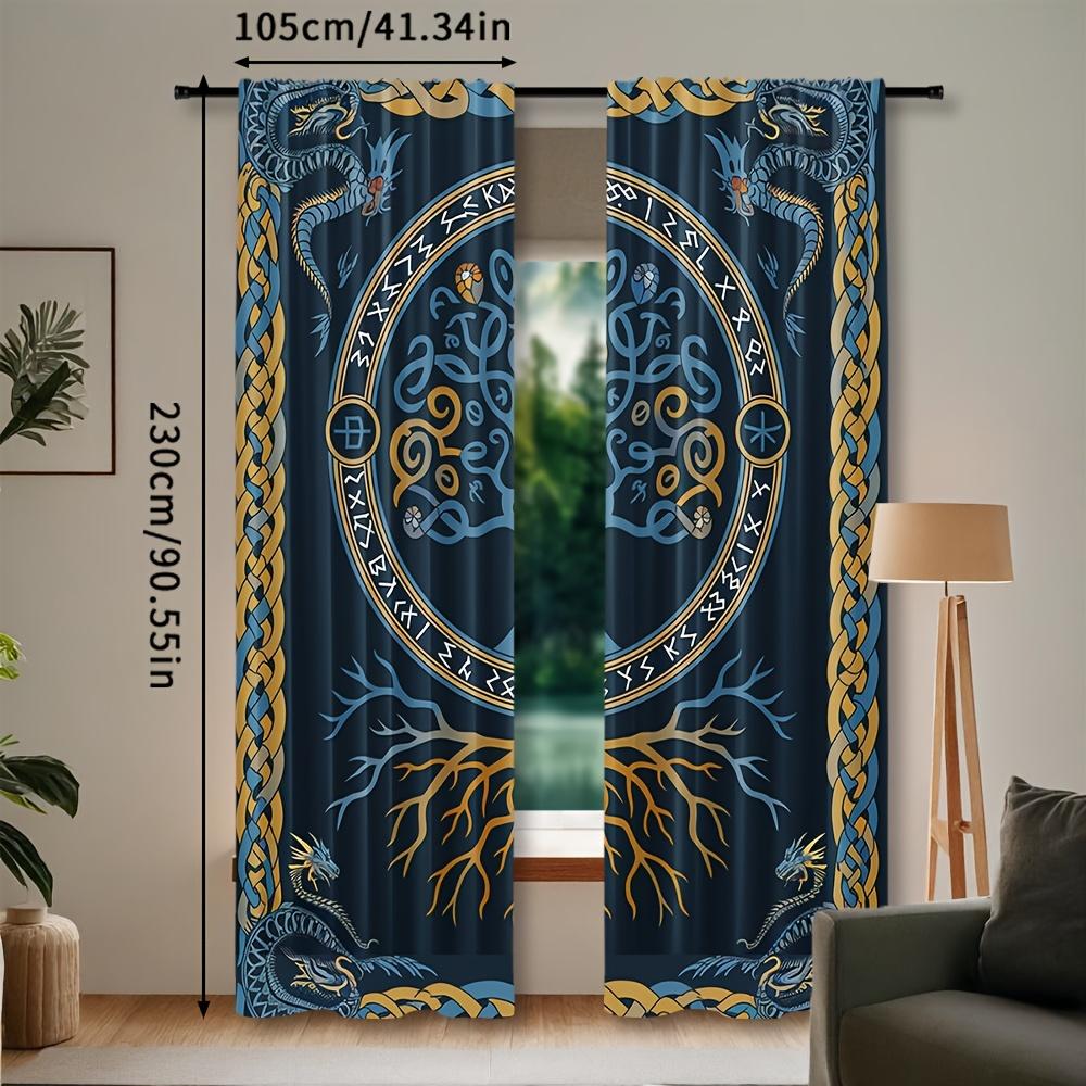 Set Of 2 Viking Tree Life Curtains Scandinavian Pirate Style Woven Polyester Pongee Semi Sheer Roller Embossing Mach Curtain With Room Darkening