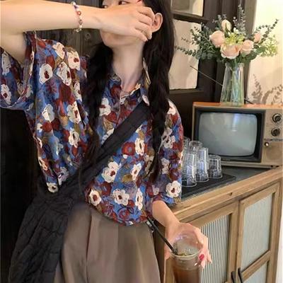 Women's Retro Floral Short Sleeved Shirt Female's Casual Chic Blouses Loose Single Breasted Woman's Turn-down Collar Top