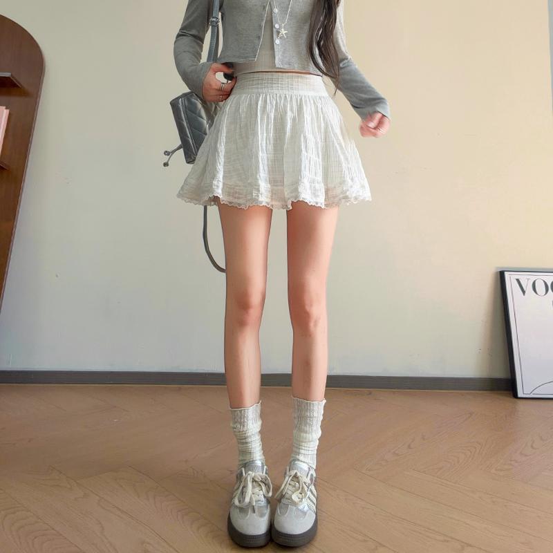 Women s Summer High Waisted A-line Cake Skirt Korean Sweet Half Skirt White Lace Short Skirt L белый