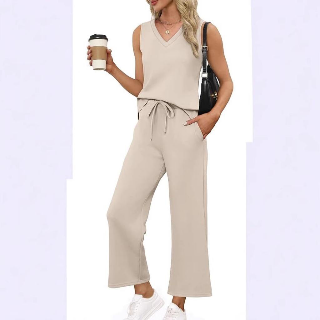 Women's Loose Fit Two Piece Outfit Sleeveless V Neck Tank Top Drawstring Waist Wide Leg Pants Tracksuit