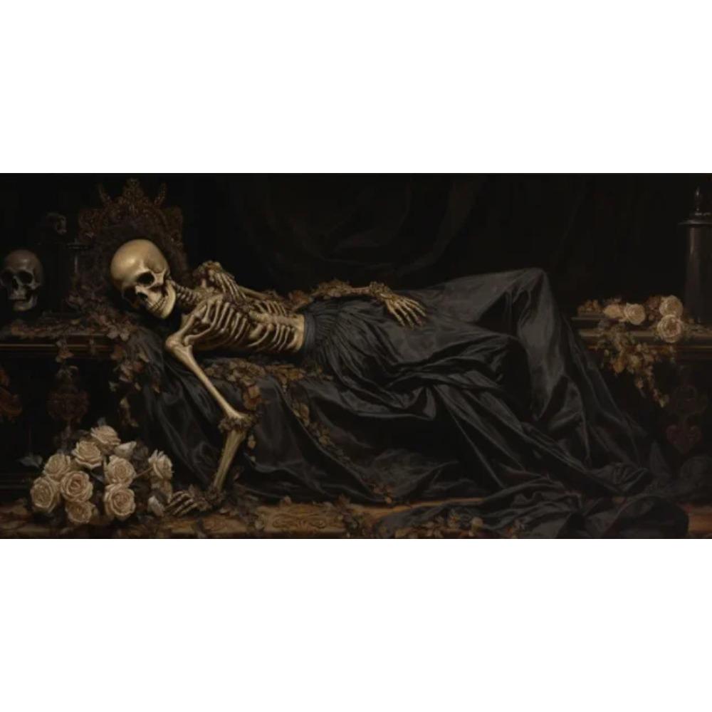 Dark Academia Wall Art Sleeping Skeleton Poster Print Creepy Victorian Eternal Slumber Skull Canvas Painting Gothic Home Decor 20X40CM No Framed