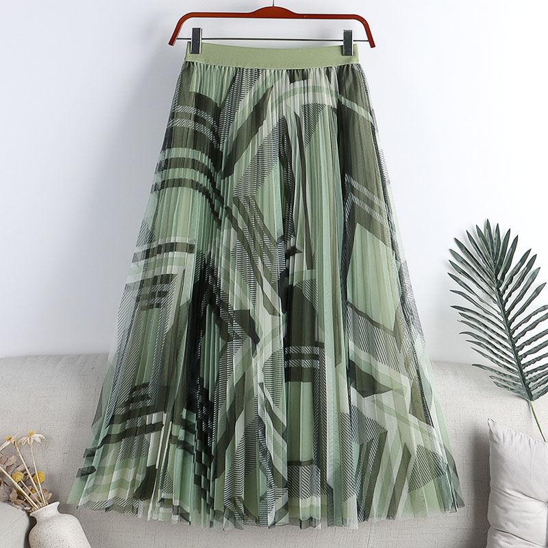 MOJTA Summer Women's Big Swing Skirt Mesh Printing Elastic Mid-length High Waist A-line Skirt
