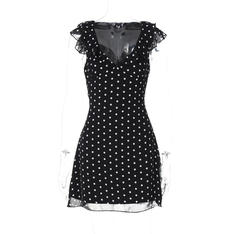 

Gusty French Style Retro Sexy Style Dot Sexy V Neck Chiffon Waist-Tight Dress Pure Desire Sexy Versatile Skirt Black S
