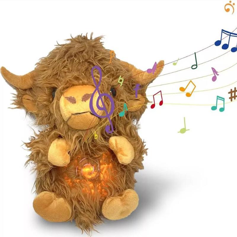 Highland Cow Ease Anxiety Sleep Aid Stuffed Toy Musical Light Rhythmic Breathing