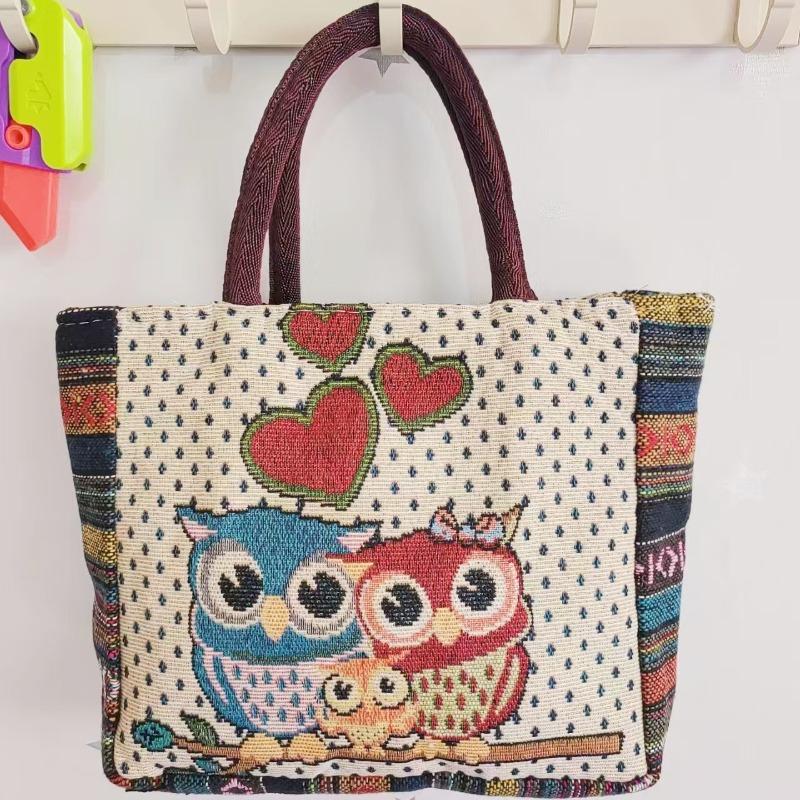 Canvas bag, women's large-capacity double-sided embroidered animal handbag, mommy bag, go shopping, handbag