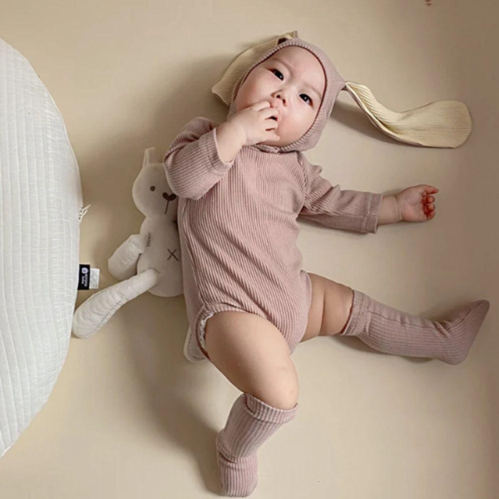 Ribbed Texture Bunny Costume Cotton Solid Baby Bodysuit Rabbit Romper Sets  Infant Girls