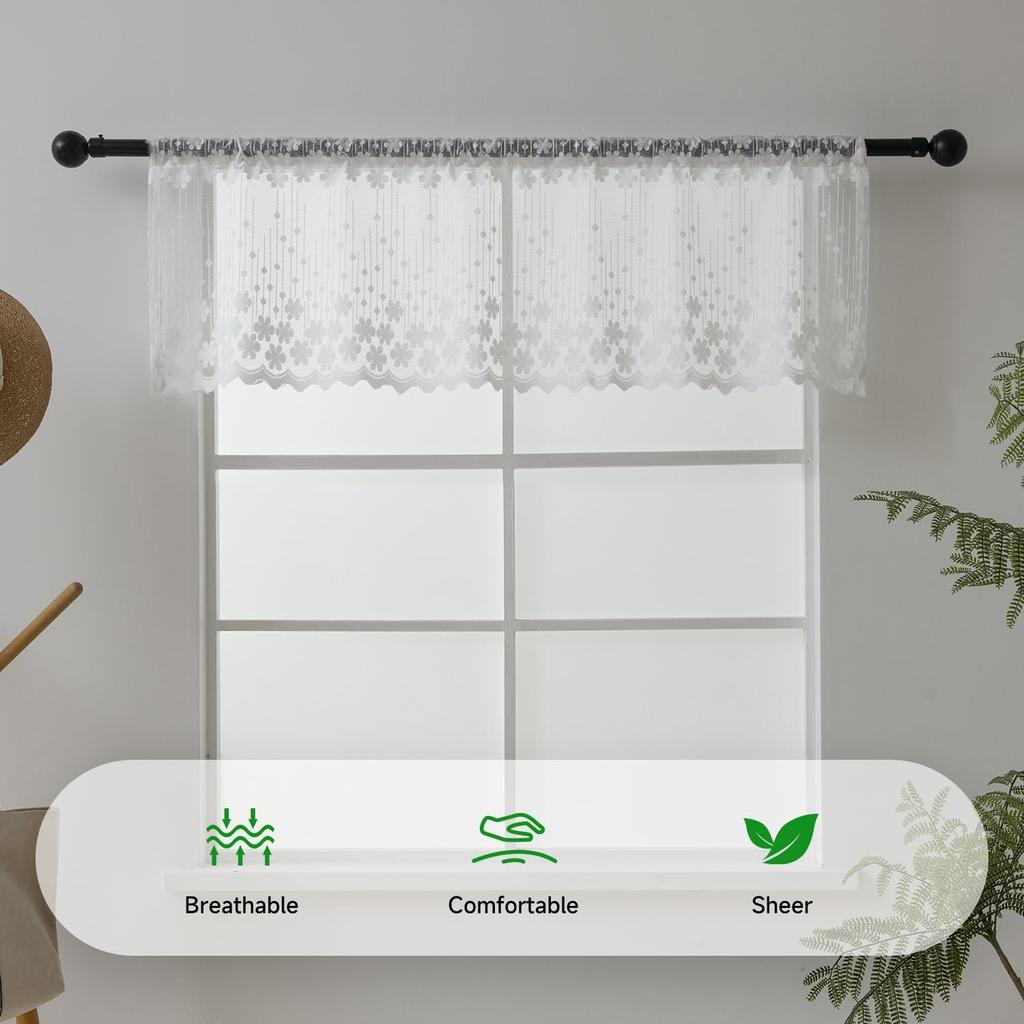 Half Window Sheer Curta Rod Pocket, Floral Cascade Lace Window Curtain Valance for Kitchen, Living Room and Bedroom, 50 X 13 Inches
