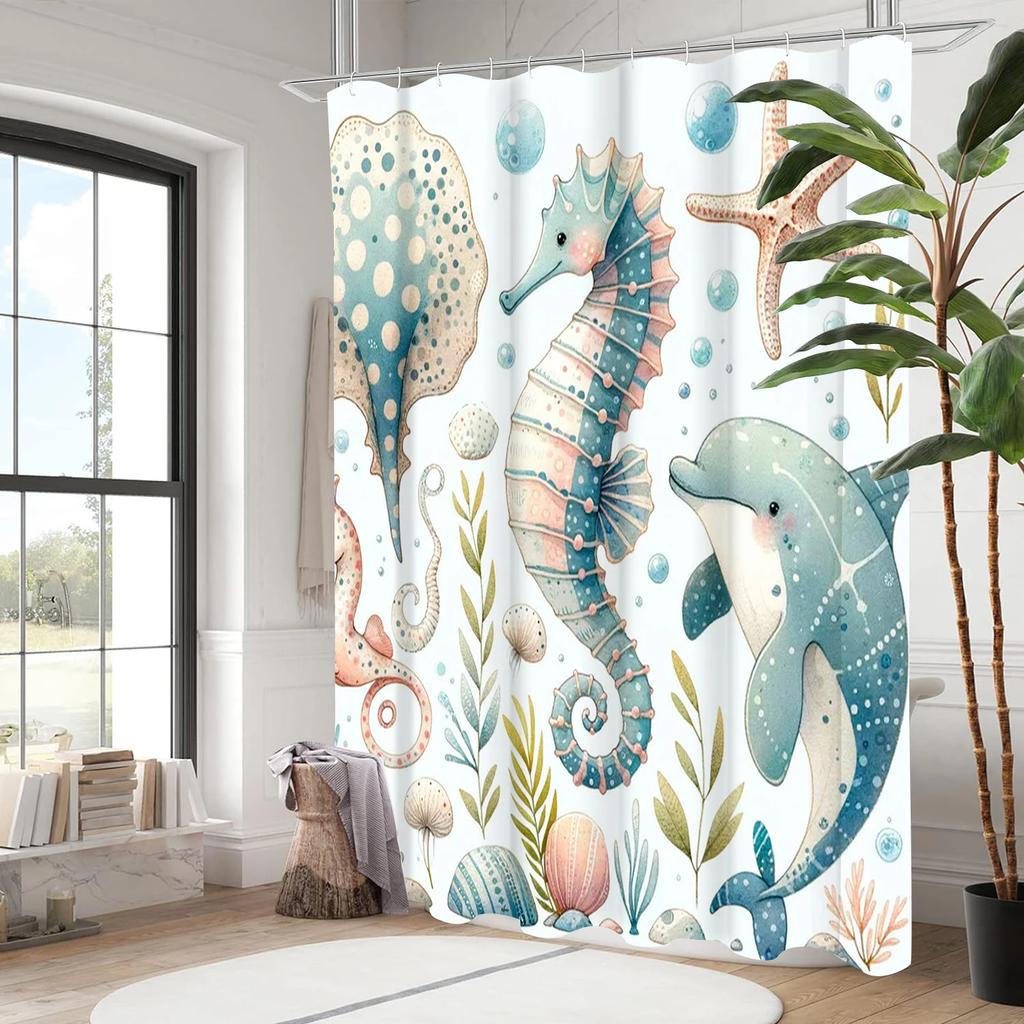 Painting Style Sea world hippocampus  Bathing Curtain  Bathroom Shower Curtain Waterproof With 12 Hooks Home Deco