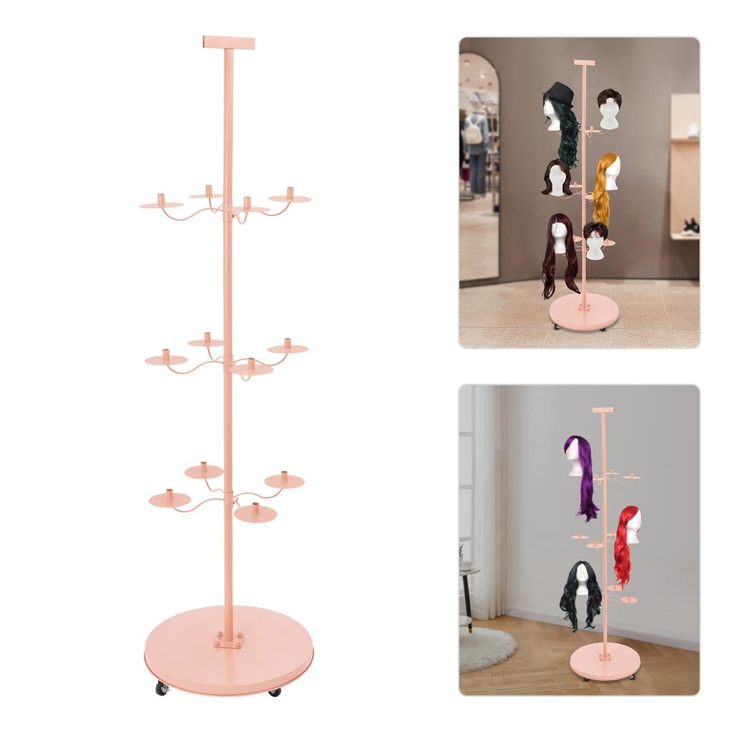 12-Head Iron Wig Holder,Pink/Black Cross Base/Round Base Freestanding Wig Display& Storage Rack 50*50*178cm for Hair Salons