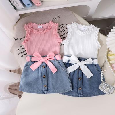 Kız Çocuk Günlük Takım Yaz Çocuk Modası Kolsuz Bisiklet Yaka Yelek + Denim Şort Takım