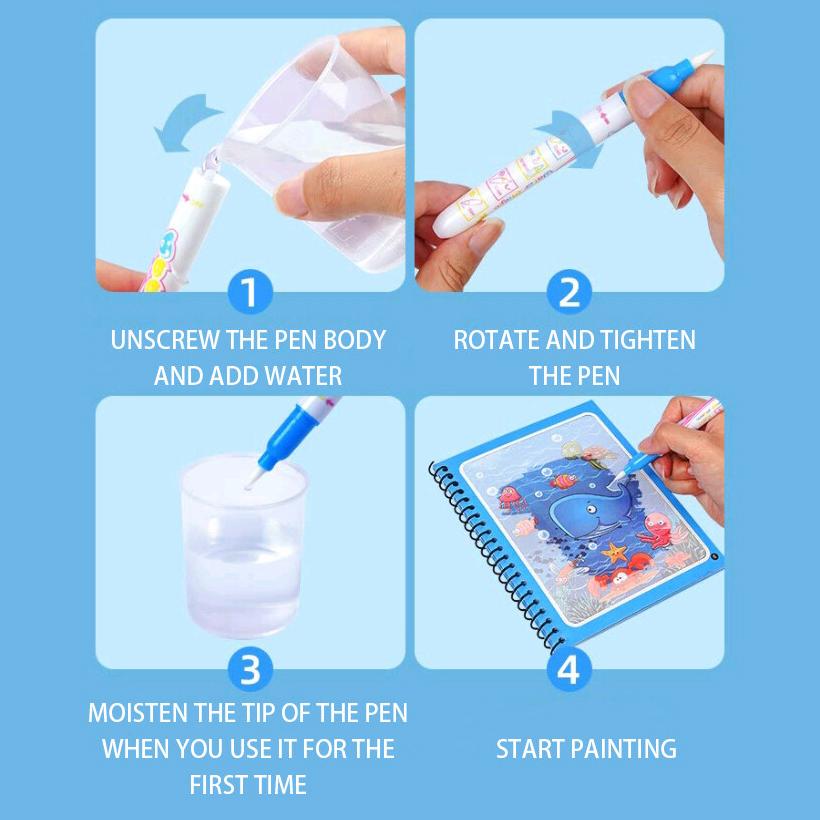Magical Book Water Drawing Reusable Coloring Book Magic Water Drawing Book with Pen Ocean Dinosaur Animal Water Drawing Pictures