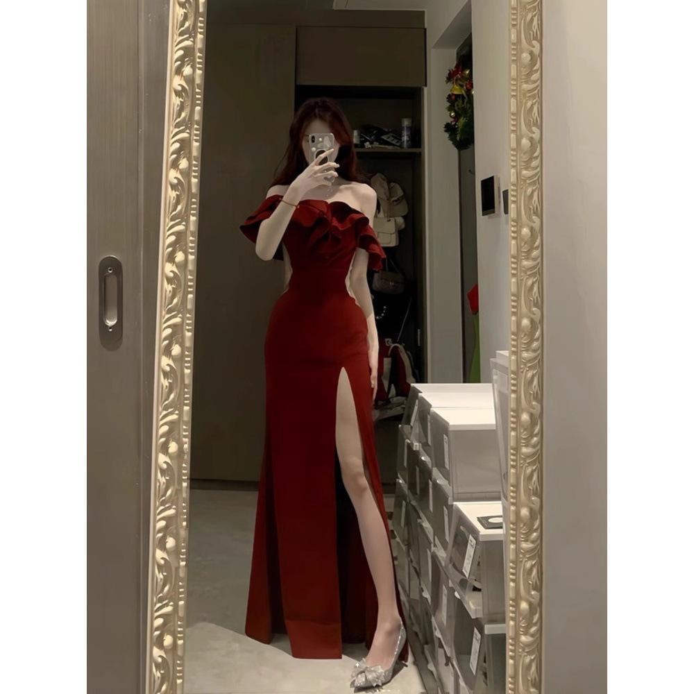 Festival robe, evening dress, high-end celebrity temperament, banquet toast dress, one-word shoulder dress, women