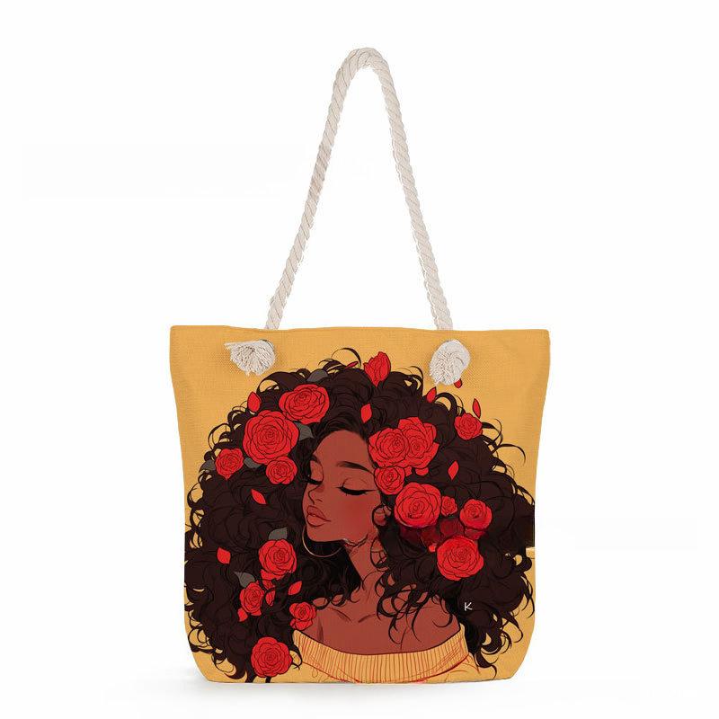 Multifunctional Rose Girl Printed Thick Rope Shoulder Beach Bag Casual Large Capacity Handbag 0247