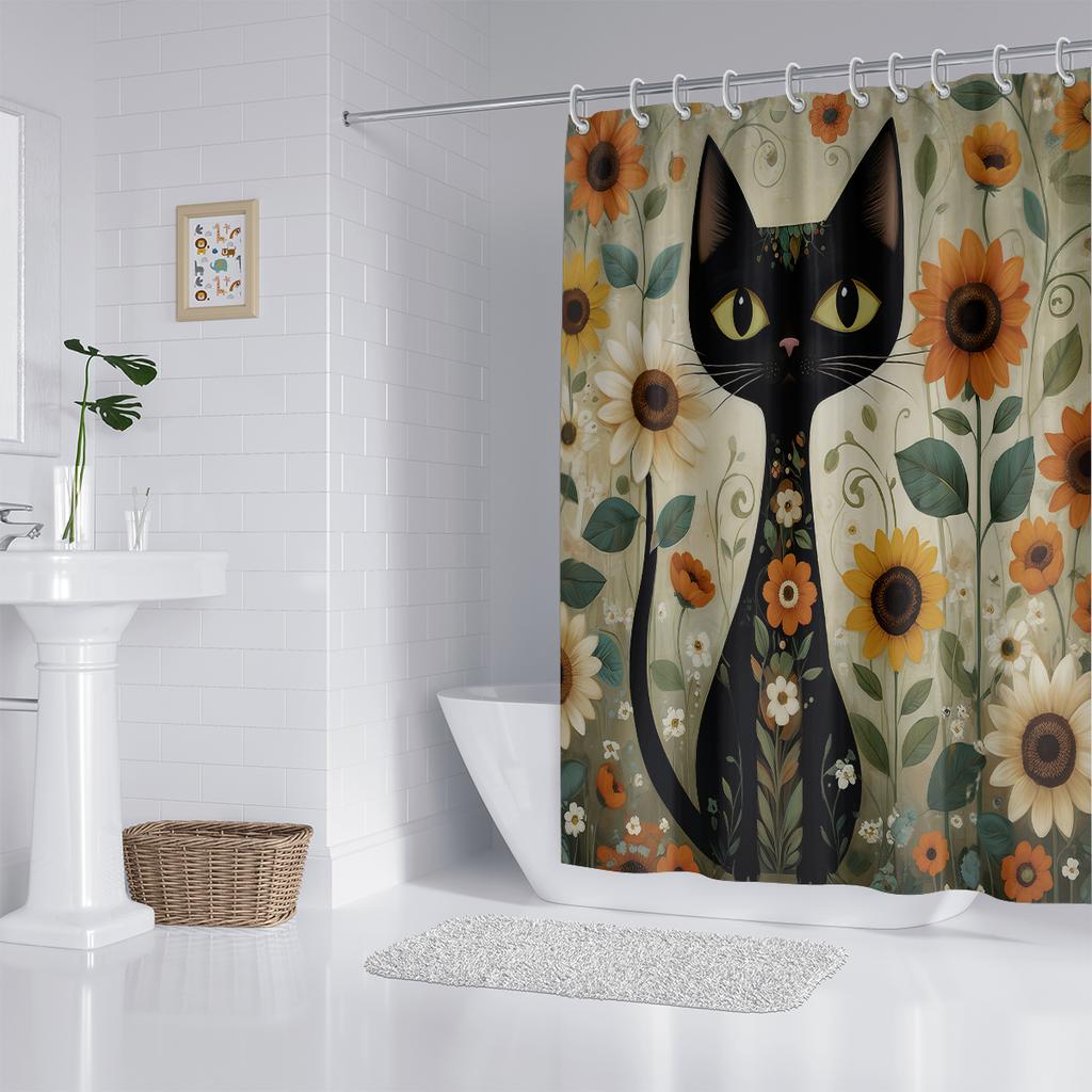 1PC Watercolor Cats and Sunflowers Printed Shower Curtain, Waterproof, Washable, with 12 Hooks, Bathroom Shower, Home Use