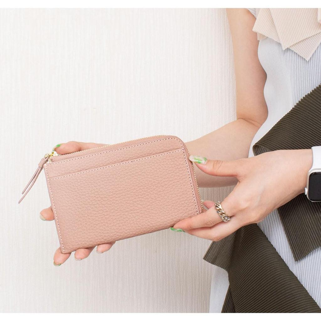 [RafiCaro] Mini Wallet, Slightly Larger, Middle Wallet, L-Shaped Zipper, Women's Wallet, Back Pocket, Genuine Leather, Large Capacity, Thin, Greige