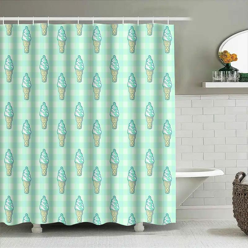Cute Ice Cream Shower Curtain Set Waterproof Bathroom Decor Cartoon Vanilla Cone Pattern Fabric Backdrop Washable Liner
