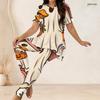 Women Plus Size Two Piece Set Round Neck Short Sleeve Owl Printed Longline Top Fitted Long Pants