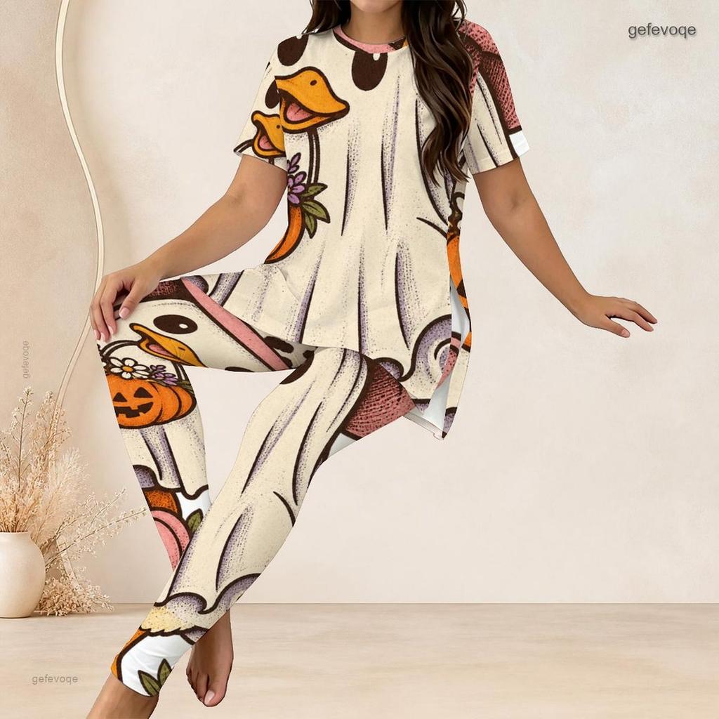 Women Plus Size Two Piece Set Round Neck Short Sleeve Owl Printed Longline Top Fitted Long Pants