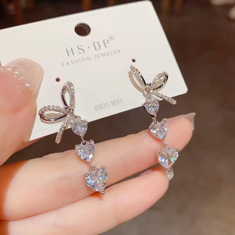 Bow Zircon Love Long Tassel Stud Earrings for Women Fashion Personalized Daily Accessory Party Jewelry Birthday Anniversary Gift