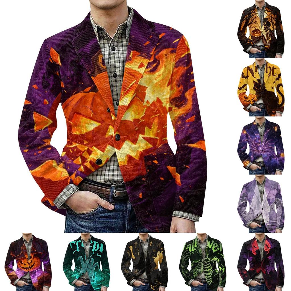 Men's Corduroy Blazer Jacket with Halloween Print Warm Button Front Casual Suit Coat with Pockets for Everyday Wear