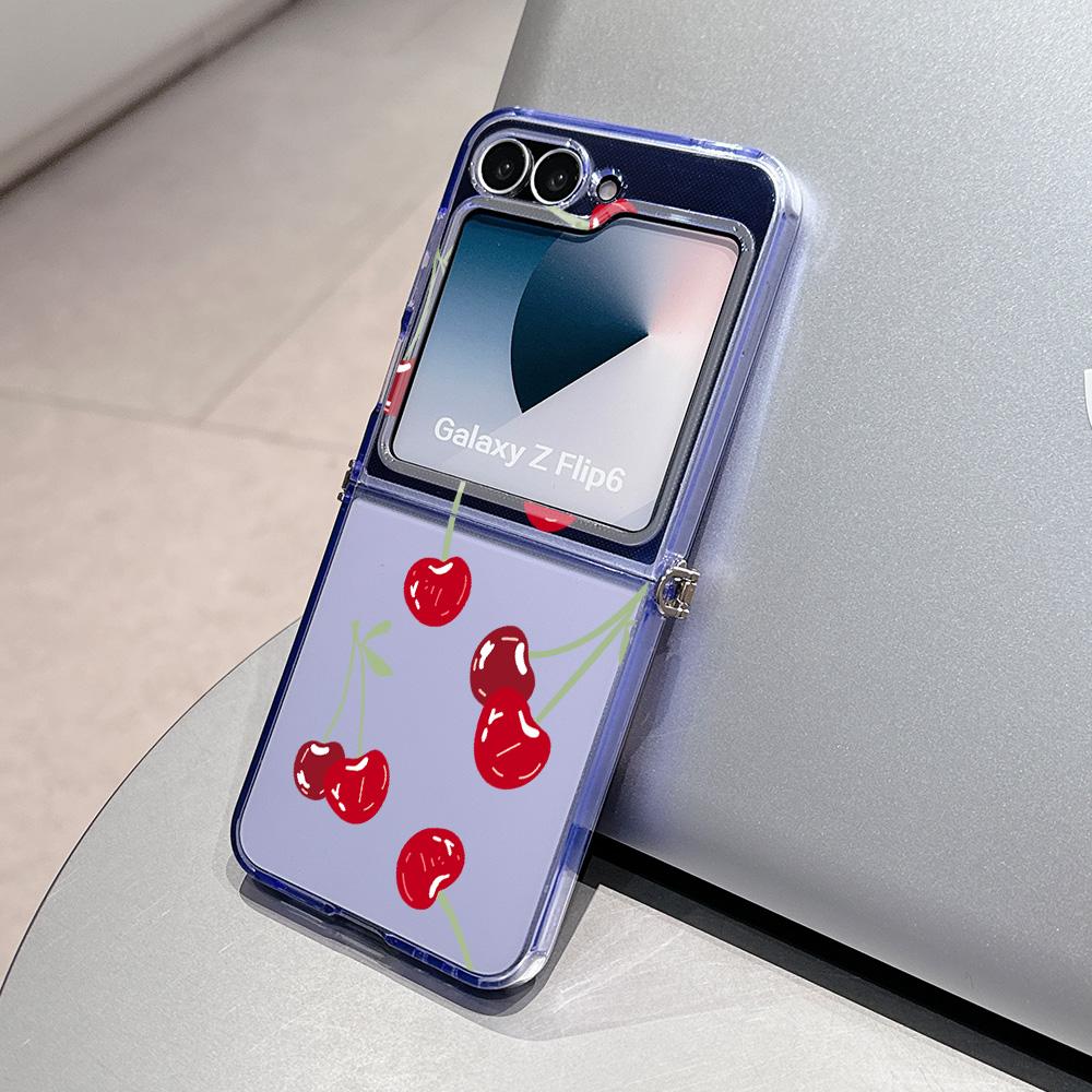 Summer Fruit Cherry Pattern Metal Connector Phone Case for Samsung Galaxy Z Flip3 Flip4 Flip5 Flip6 Flip7 Candy Color Soft TPU