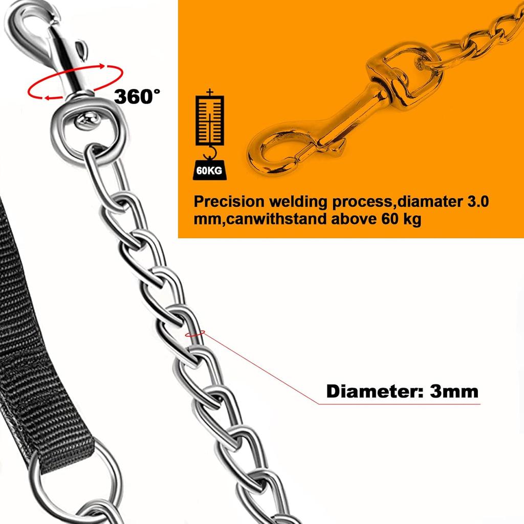 Heavy Duty Metal Dog Leash, 6 FT Chew Proof Pet Leash Chain with Soft Padded Handle for Large & Medium Size Dogs (6 FTx3 mm (30-120 lbs))