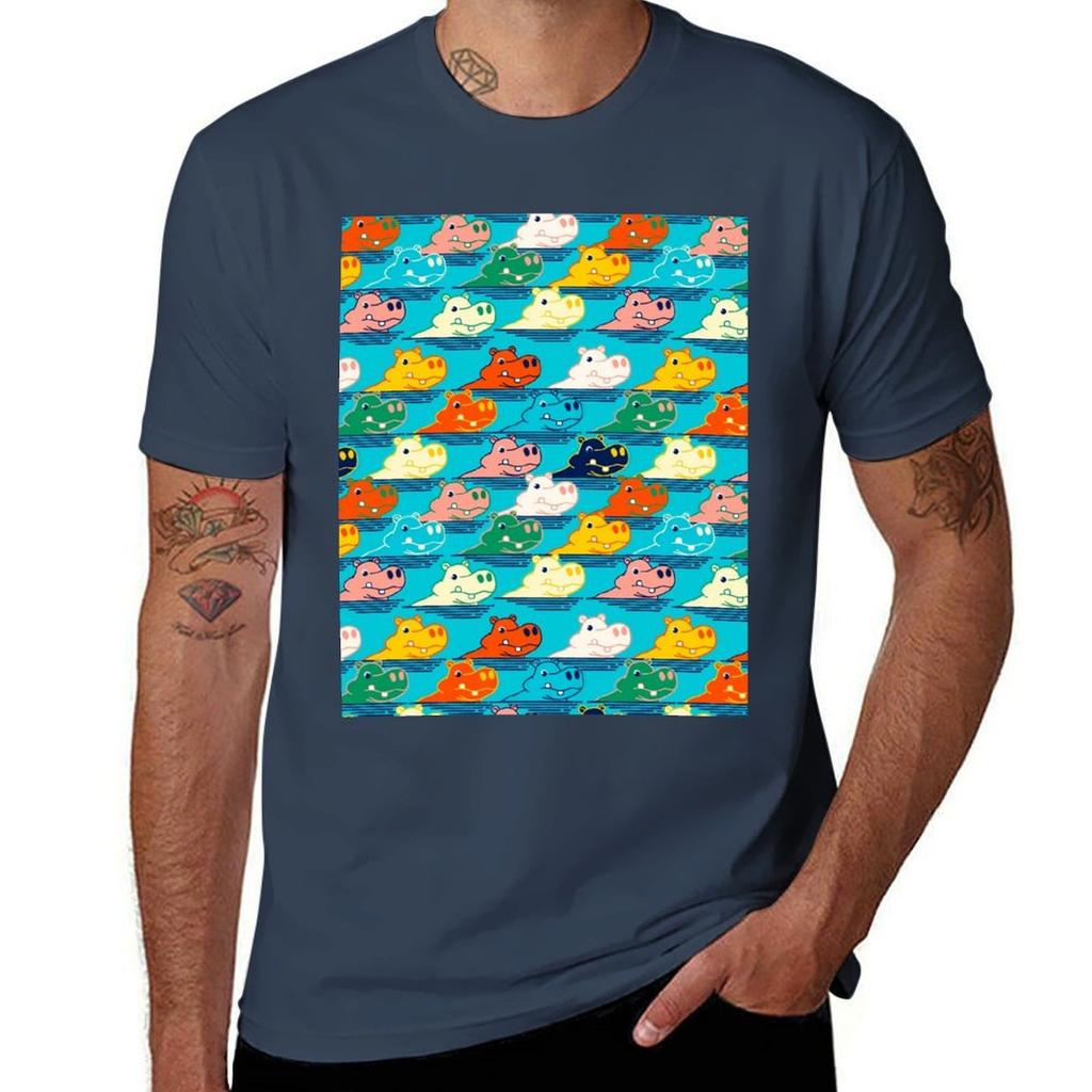 Happy Hippo Family Retro Animal Pattern Tshirt Simple Trendy Casual Tshirt