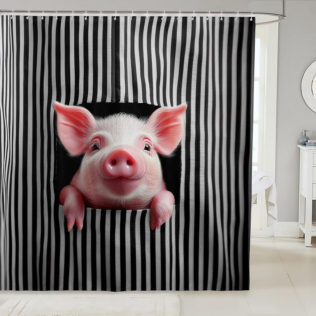 Pink Pig Shower Curtain, Lovely Animal Piggy Bath Curtain Western Animals Bathroom Decor Romantic Rose Flowers Bathroom Curtain