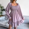 Summer Spring Flared Swing Dress Square Neck Long Sleeve Ruffled Solid Color A Line All Match Sizes S to XL