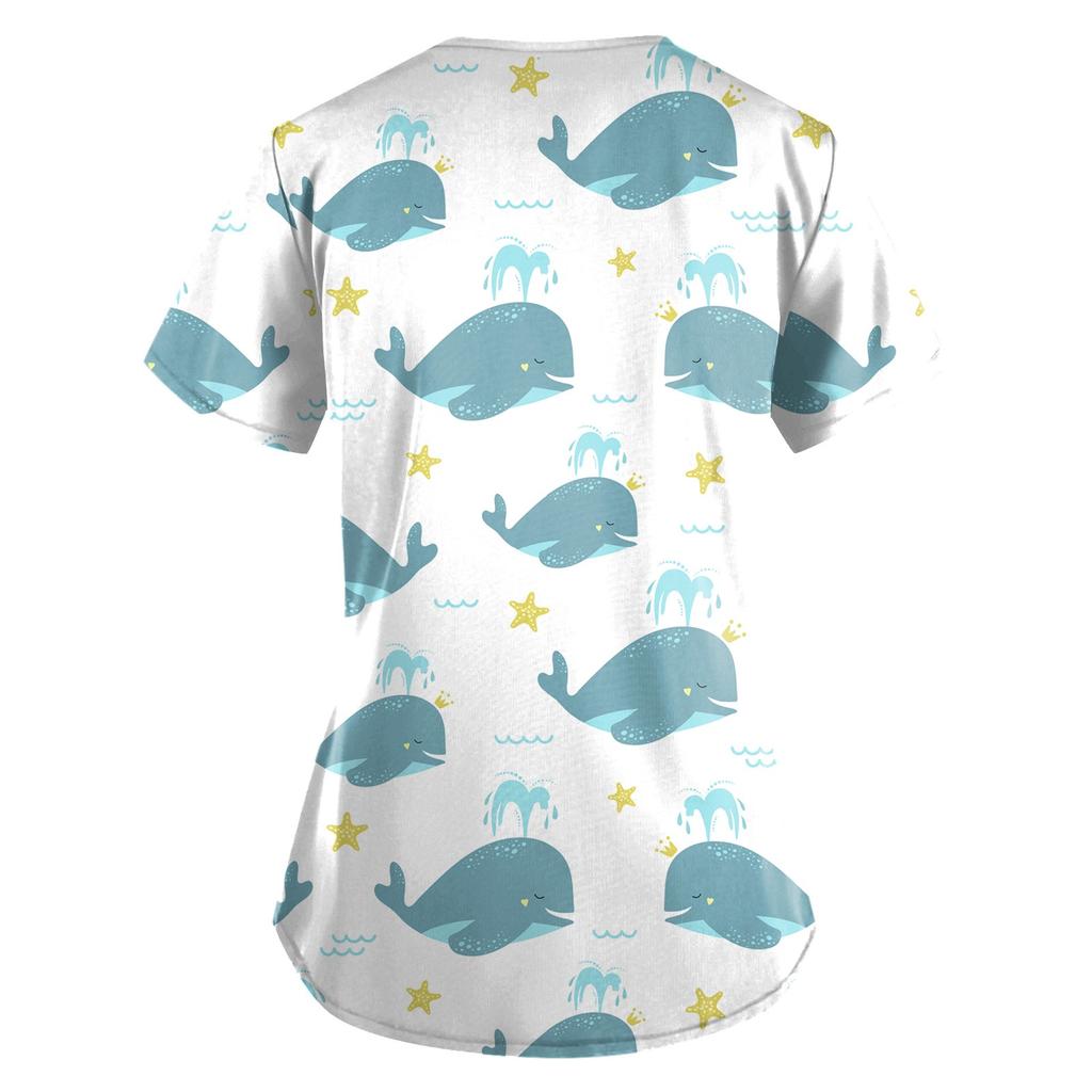 Women's T-shirts Personalized Cute Print Short Sleeve V-neck Top Work Uniform Pocket Tops