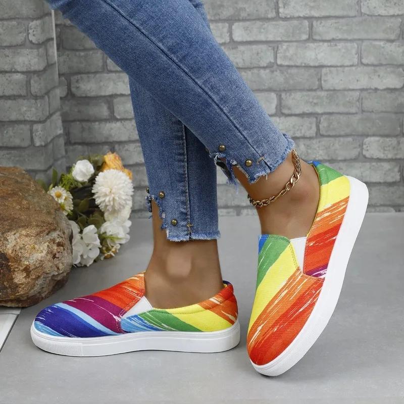 Fashion Spring/autumn New Canvas Flat Shoes for Women Graffiti Printing Slip-on Lot-Top Sneakers Casual Ladies Vulcanized Shoe
