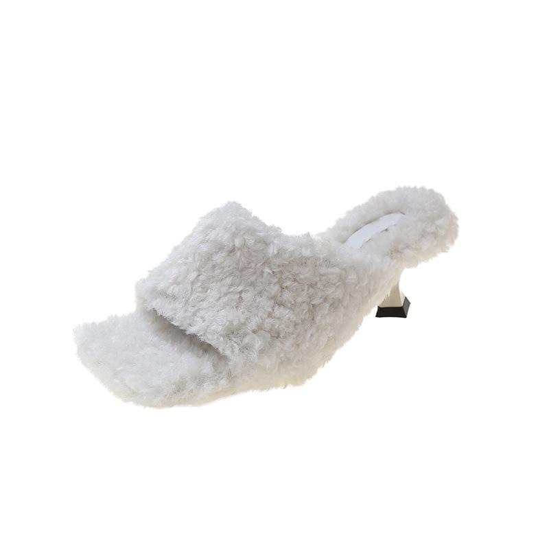 French Slope Heel Open-toed Fluffy Slippers Women's Autumn and Winter Wear Muffin High-heeled Cotton Slippers