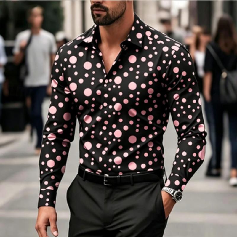 Men's Shirt with Polka Dot Print Long Sleeved Shirt, Outdoor Casual Style, Slim Fit Collar Shirt, Men's Casual Formal Top